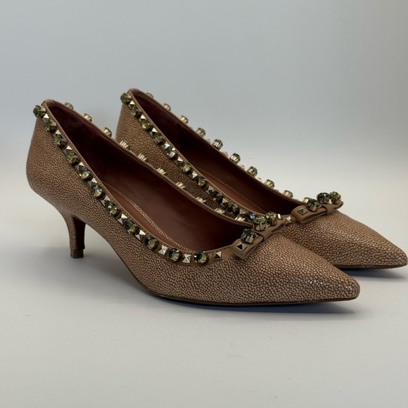 Tory Burch Embellished Studded Pointed Toe Kitten Heel Pumps Nude Tan 8.5 - Picture 1 of 17